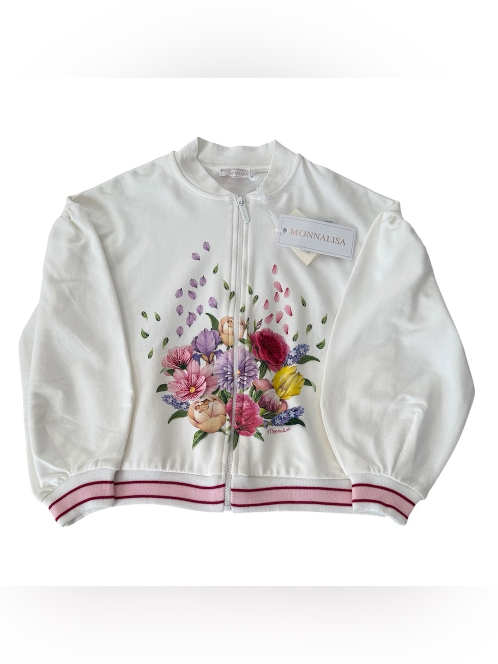 NWT Monnalisa Floral Bouquet Puff Sleeve Zip-Up Sweatshirt Bomber Jacket Sz 12
